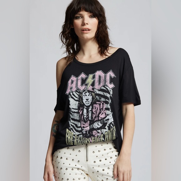 Recycled Karma Tops - Recycled Karma AC/DC The Razors Edge Tour Cold Shoulder Tee